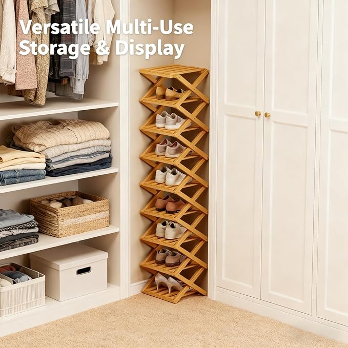 The 9-Tier No-Assembly Bamboo Rack, 2026 Upgraded Foldable Bamboo Shoe Rack, Space-Saving Organizer for Shoes, No Assembly Narrow Shoe Shelf for Entryway Closet Dorm (Nature,5-Tier)