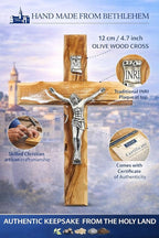 Zuluf 4.7" Catholic Wall Crucifix Olive Wood Cross with Silver Jesus Corpus – Handmade Christian Religious Wall Hanging Decor – Faith Gift from Jerusalem CRS058
