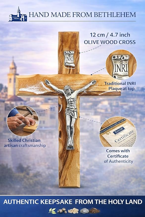 Zuluf 4.7" Catholic Wall Crucifix Olive Wood Cross with Silver Jesus Corpus – Handmade Christian Religious Wall Hanging Decor – Faith Gift from Jerusalem CRS058