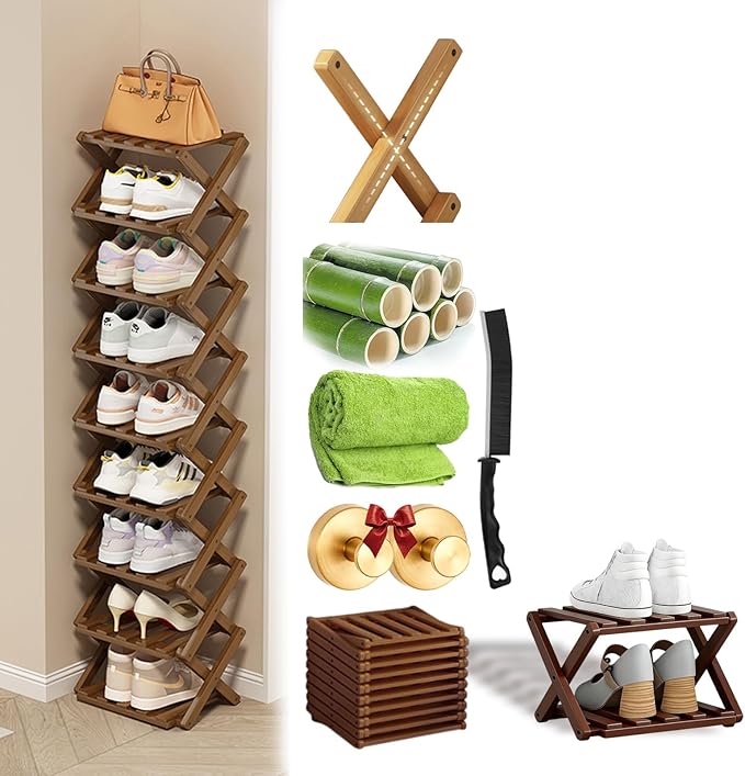 Foldable Shoe Rack, 2-9 Tier No-Tool Assembly Bamboo Organizer with Anti-Wobble X-Design for Small Spaces, Sturdy Vertical Storage Shelf for Entryway, Closet, Apartment & Dorm (Brown,2 Layers)