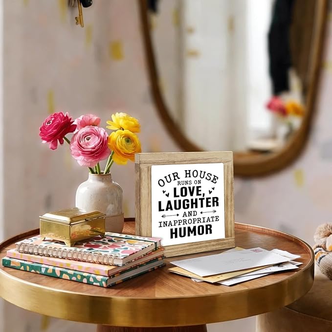Funny Home Sign, Wood Box Sign, Our House Runs On Love Laughter And Inappropriate Humor, Inspirational Wood Box Desktop Decoration, Funny Farmhouse Home Office Living Room Deocration