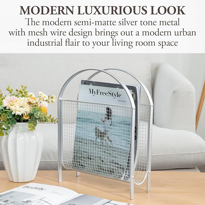 MyGift Magazine Rack, Floor Freestanding Magazine Holder for Bathroom Bedroom Office, Books Newspapers File Mail Organizer, Mid Century Modern Decor Wire Storage for Tablets and Documents