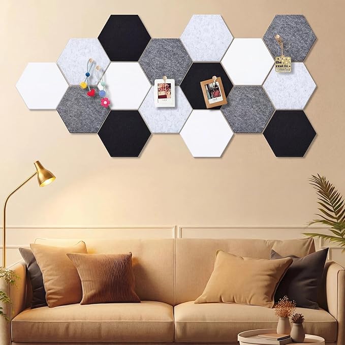 Mindsoft 16 Pcs Hexagon Cork Board for Walls with 50 Wooden Push Pins 12x10 in Felt DIY Tiles Notice with Nano Tape Hanging Bulletin Board for Home Photo Office Memo Note(Grey)