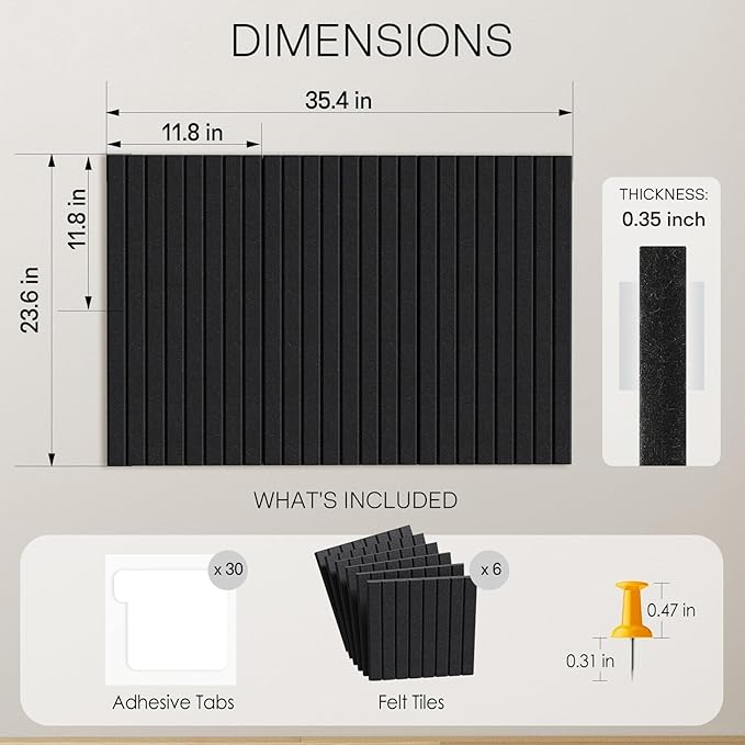 MaxGear Large Cork Boards for Walls 36" x 24", Black Felt Bulletin Board Tiles for Office Decor, 6 Pack Felt Wall Tiles with Slat Paneling, Push Pin Board Home Wall Organizer