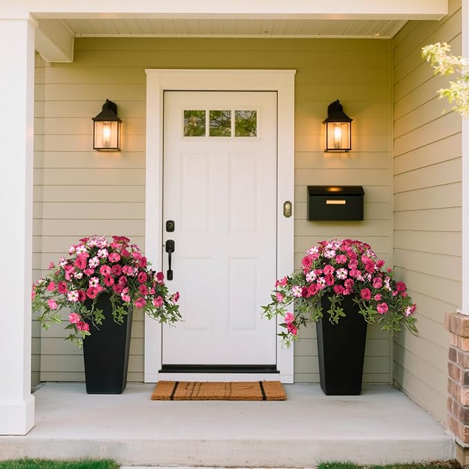Artificial Fake Flowers Plants for Outdoors Spring Decoration, 2Pcs Faux Petunias with Greenery UV Resistant No Fade, Realistic Silk Flower for Outside Patio Planters Front Porch Window (Rose Red)