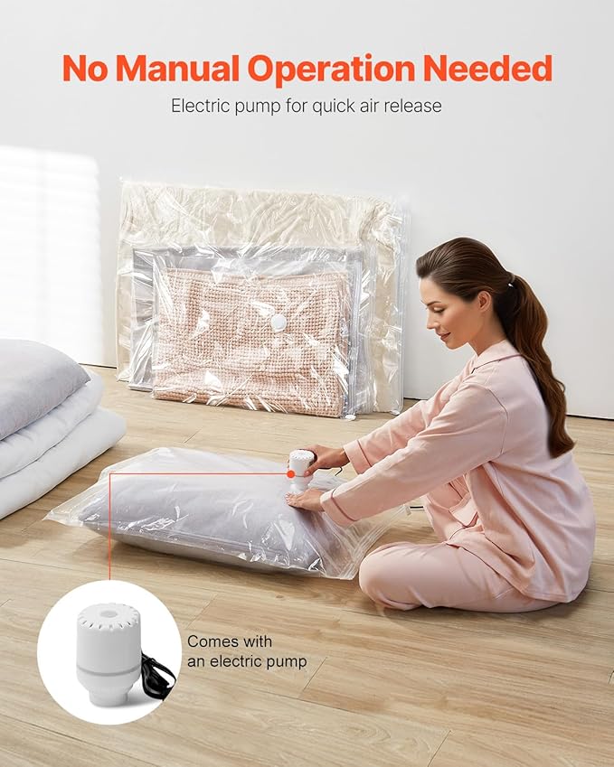 VEVOR Vacuum Storage Bags, 15 Pack Space Saver Seal Bag(3 Jumbo/3 Large/3 Medium/3 Small/3 Roll), Compression Airtight Zipper Space Bags with Electric Pump, for Cloth, Bedding, Blanket, Pillow, Travel