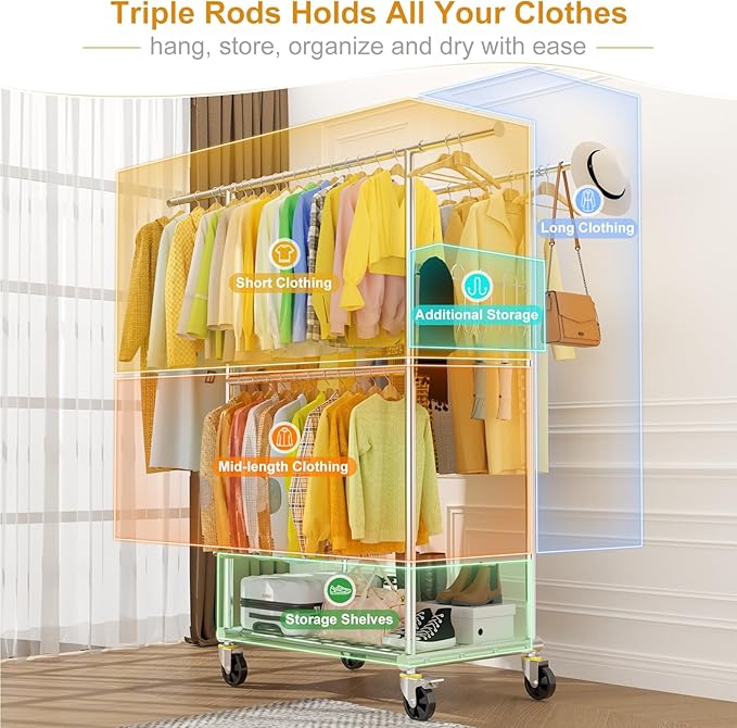 100% Stainless Steel Heavy Duty Clothes Rack Load 960LBS, Three Rods Clothing Racks for Hanging Clothes Extendable，Rolling Garment Rack With Sturdy Wheels Shelves Hooks, Portable Closet Wardrobe Rack
