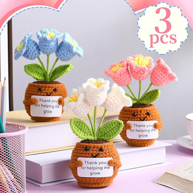 Wavwavw 3 Pack Teacher Appreciation Gift Positive Flower Handmade Crochet Doll Thank You for Helping Me Grow Gifts Back to School Gifts for Women Teacher(Bell Orchid)