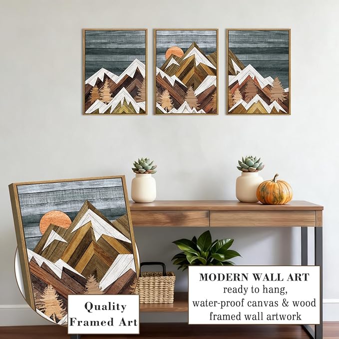 Framed Mountain Wall Art Boho Mountain Wall Decor Modern Nature Artwork 12" Lx16 W Set of 3 Rustic Mountains Wall Pictures Landscape Art Prints Boho Mountain Paintings for Living Room Bedroom Office Farmhouse