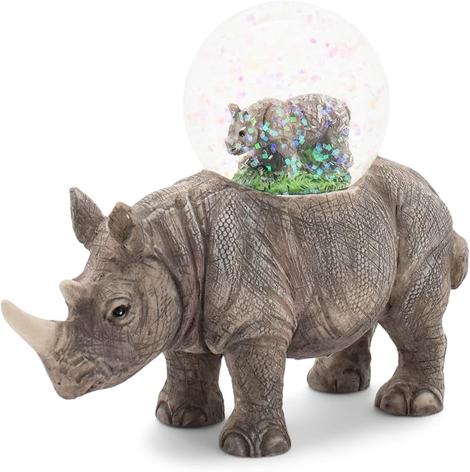 Elanze Designs Rhino Mother and Baby Miniature 45MM Sturdy Polyresin Magical Whimsical Tabletop Dresser Nightstand Glitter Water Snow Globe Figurine Decoration