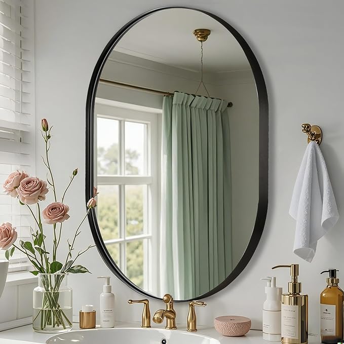 Black Oval Mirror, 17"x30" Oval Bathroom Mirror, Matte Black Mirror with Aluminium Alloy Frame, Anti-Rust, Tempered Glass, Wall-Mounted Modern Mirror for Bathroom, Bedroom, Living Room