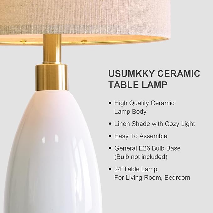 USumkky 24" White Oval Ceramic Table Lamp Set of 2, Modern Minimalist Bedside Nightstand Lamps for Bedroom Living Room, Linen Shade & Gold Metal Base, Rotary Switch E26 (Bulbs Excluded)
