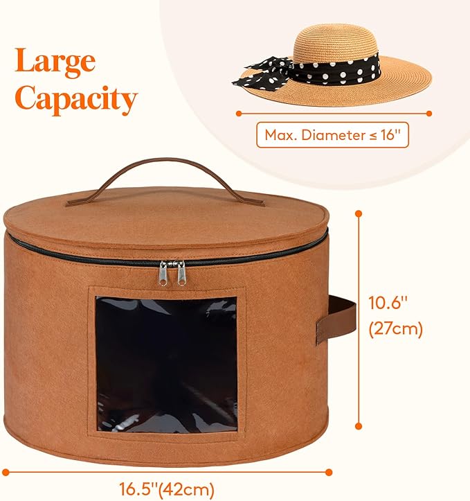 Lifewit Round Cowboy Hat Box for 7 Caps, Large Felt Hat Organizer Bag for Men&Women Storage, Baseball Cap Container with Lid for Travel, Foldable 16.5" Dx10.6 H Carrier, 37L Each, Brown 1 Pack