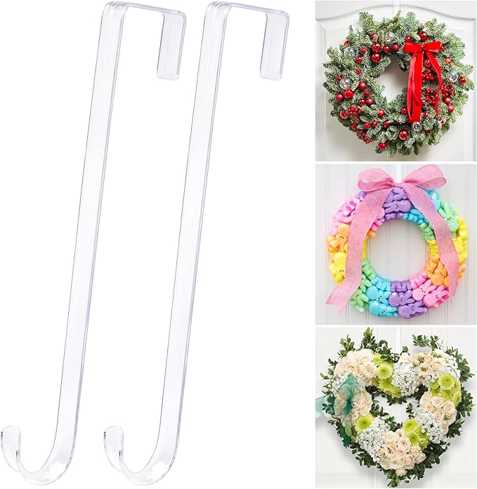15" Clear Over The Door Wreath Hanger 2 Pack - Non-Scratch, Heavy Duty 10lb Door Hook for Front Decor, Christmas, Halloween & Year-Round Home Display - Invisible Acrylic Organizer