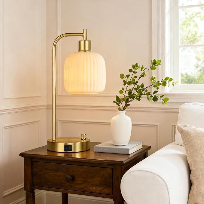 QiMH Industrial Table Lamp for Bedroom Set of 2, Cream Glass Beside Lamp with USB A&C Ports, Stepless Dimmable Gold Lamps, Nightstand Lamps for Living Room, Office, Home Decor(Bulb Included)