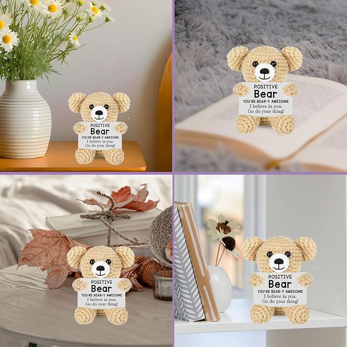 Inspirational Handmade Crochet Bear, Positive Emotional Support Bear, Valentine's Day Gift, Birthday Thanksgiving Basket Gift for Home Decorations