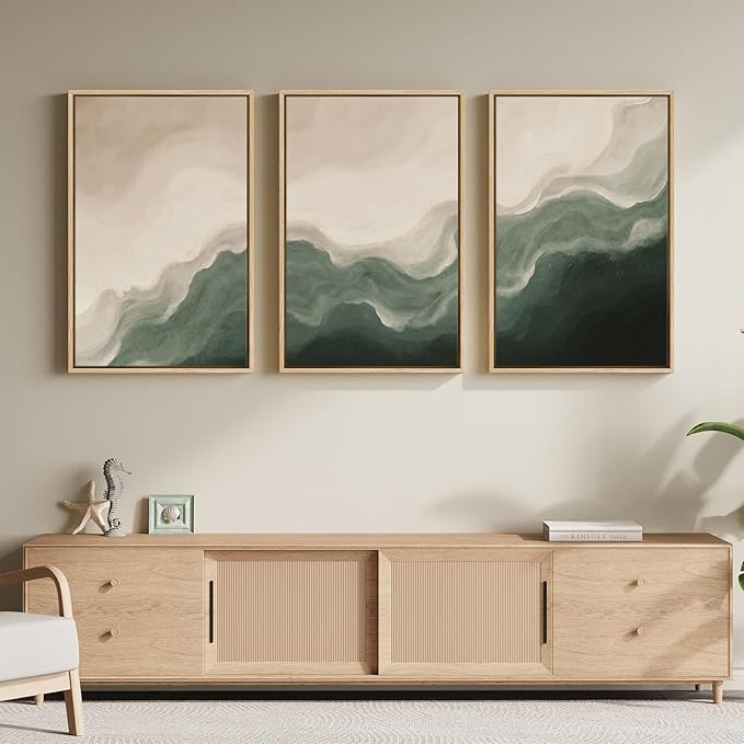 Large Framed Green and Beige Abstract Wall Art Set of 3, Modern Neutral Canvas Prints Paintings Artwork for Walls, Minimalist Abstract Pictures for Living Room Dining Room Bedroom Wall Decor 20x30 In