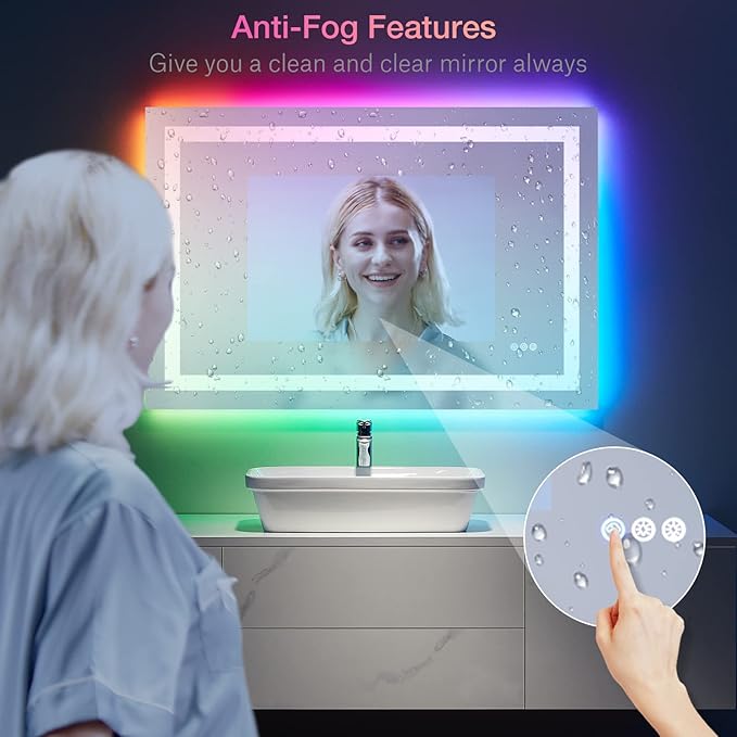 LOAAO 48"X30" LED Bathroom Mirror with Lights, Anti-Fog, Dimmable, RGB Backlit + Front Lighted, Bathroom Vanity Mirror for Wall, Memory Function, Waterproof, Tempered Glass