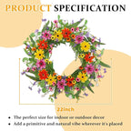 22 Inch Artificial Spring Summer Wreaths for Front Door Daisy Flower Wreath with Wildflowers,Eucalyptus Leaves,Ferns for Indoor Outdoor Wall Porch Festival Farmhouse Home Holiday Decor.
