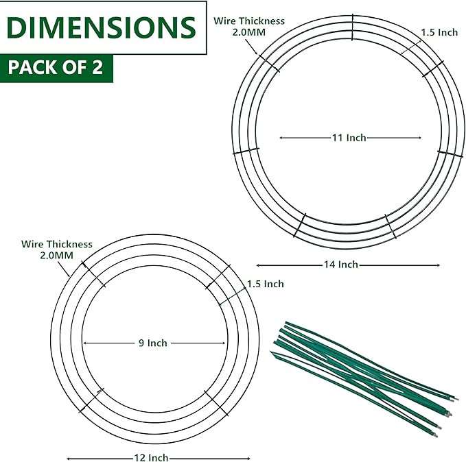 2-Pack Wire Wreath Frame – Round Metal Wreath Form with Ring Design for DIY Crafts, Floral Projects, and Home Decor – Dark Green Wire Frame for Christmas Holiday & Weddings (12 + 14 Inches)