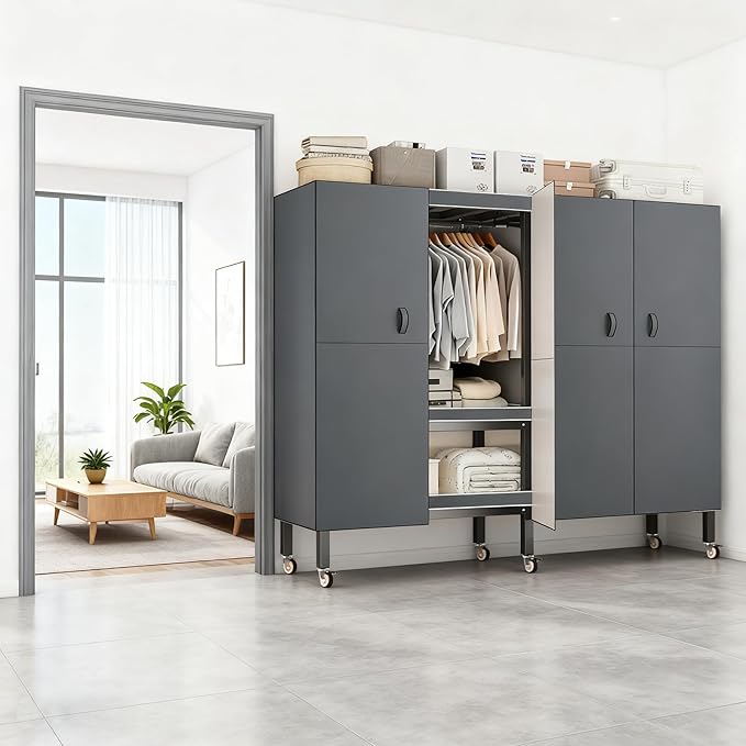 Heavy Duty Portable Closet with Cover Magnetic Doors, Metal Rolling Clothes Rack Heavy Duty 1500LBS, Foldable Clothing Rack, Garment Racks for Bedroom/LivingRoom/Rental (KT-Grey, 70.86in)