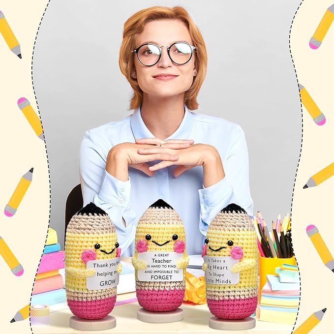 Wavwavw 3 Pack Teacher Appreciation Gift Positive Flower Handmade Crochet Doll Thank You for Helping Me Grow Gifts Back to School Gifts for Women Teacher(Pencil)