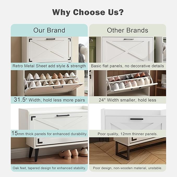 Shoe Storage Cabinet,Farmhouse Shoe Organizer with 4 Flip Drawers & Barn Door Design,Freestanding Hidden Slim Narrow Shoe Rack Cabinet for Entryway,Foyer,Hallway,Antique White