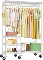 Ulif F4R Heavy Duty Clothes Rack（With Lockable Wheels ） Rolling Clothing Racks for Hanging Clothes，Adjustable Closet Organizer System，Portable Garment Rack 45"W x 15.8"D x 73.5"H，Max Load 650LBS，White