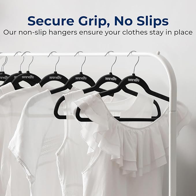 SereneLife 20 Pack Velvet Hangers – Non-Slip Clothes Hangers with Heavy Duty Design, Slim Space-Saving Coat Hangers with 360° Swivel Hook, Strong Lightweight Closet Organizer Set for Clothes (Black)