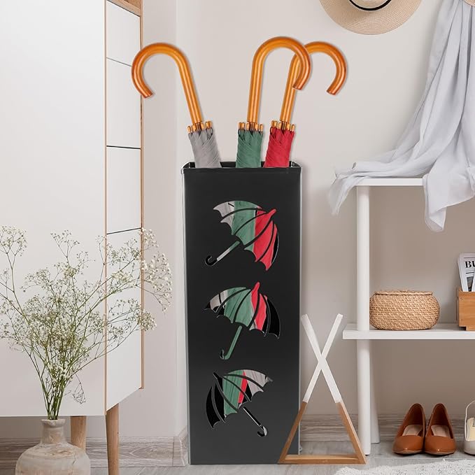 Metal Umbrella Holder, 16.5x6.3x6.3inch Square Free Standing Umbrella Rack Decorative Umbrella Holder Bin Multipurpose Walking Sticks Holder for Umbrella Cane Entryway Home Office (Style B)