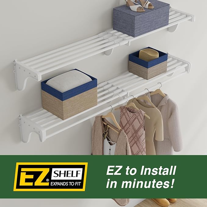 EZ Shelf - DIY Expandable Closet Shelf (NO Hanging Rod) - 28” to 48” - White - Easy to Install to 2 Sidewalls - (EZS-SW48) - Wire Closet Shelving Alternative