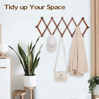 Hat Rack for Wall, Expandable Wall Hat Holder with 16 Hooks, 16 inch Wooden Wall Hook for Baseball Caps,Cowboy, Bag,Hoodie(Brown)