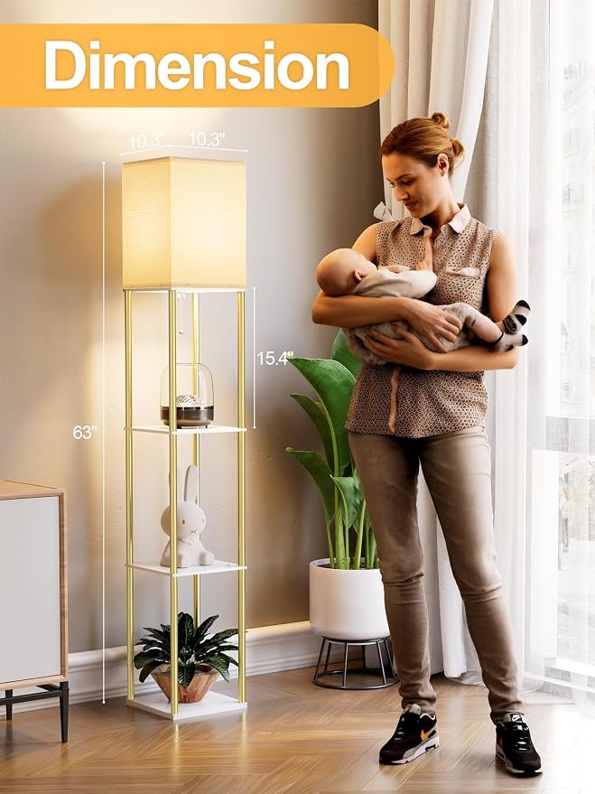 Floor Lamp with Shelves, Modern Corner Display Standing Column Shelf Lamp Etagere Organizer Tower Nightstand with White Linen Shade for Living Room, Bedroom and Office, Marble White and Gold Poles