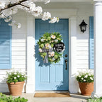 Spring Summer Wreaths for Front Door, Half Circle Summer Wreath with Hydrangea & Peony, Striped Bow & Welcome Sign – 24 Inch Indoor/Outdoor Seasonal, Housewarming & Festive Spring Door Wreath Decor