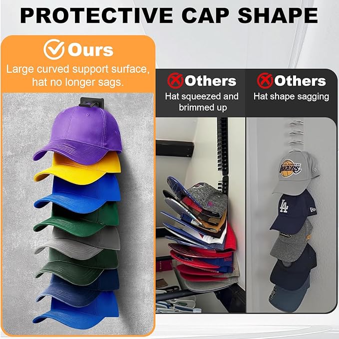 2 Pack Hat Organizer for Baseball Caps, Hat Rack for Wall, Strong Adhesive & Screw-in Cap Holder Hats Hangers for Closet Door & Bedroom