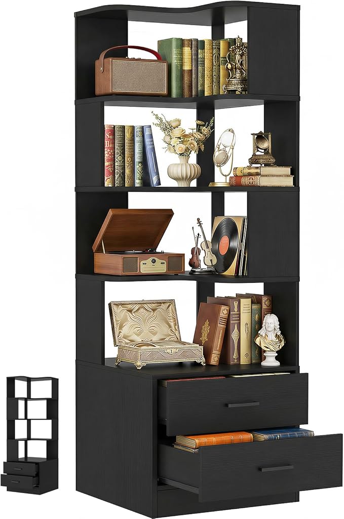 Armocity Corner Bookshelf with Drawers, 7 Tier Corner Book Shelf Display Bookcase, Freestanding L Shaped Bookshelf for Bedroom, Living Room, Home Office, Black