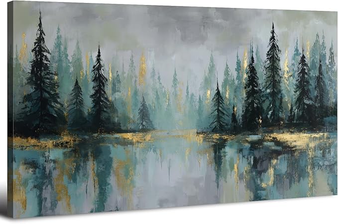 Green Forest Wall Art Vintage Fog Pine Trees Landscape Wall Decor Nature Green and Gold Forest Lake Scenery Canvas Prints Pictures Farmhouse Artwork for Kitchen Living Room Home Decorations 20x40"