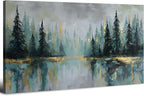 Green Forest Wall Art Vintage Fog Pine Trees Landscape Wall Decor Nature Green and Gold Forest Lake Scenery Canvas Prints Pictures Farmhouse Artwork for Kitchen Living Room Home Decorations 24x48"