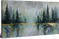 Green Forest Wall Art Vintage Fog Pine Trees Landscape Wall Decor Nature Green and Gold Forest Lake Scenery Canvas Prints Pictures Farmhouse Artwork for Kitchen Living Room Home Decorations 35x70"