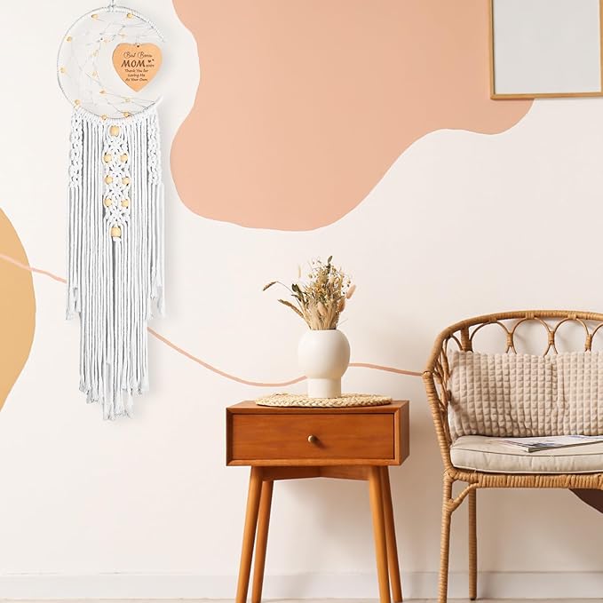 Bonus Mom Gift from Daughter Son for Mothers Day Birthday Gift Boho Moon Dreamcatcher with Heart Pendant Ideas for Home Wall Decor Hanging Decoration (Best Bonus Mom Ever)