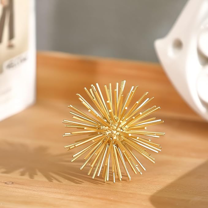 Gold Sphere Decor, Metal Gold Starburst Tabletop Sculpture Decor, Modern Metal Starburst Centerpiece, Spike Ball Decoration for Home Decor