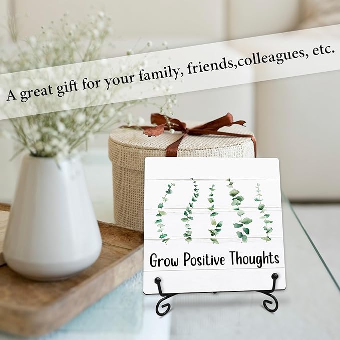 Grow Positive Thoughts Wooden Sign - 5" Inspirational Quotes Wooden Plaque With Metal Support - Greenery Rustic Tabletop Home, Office, Classroom Decor - Housewarming Gifts For Family & Friends - A03