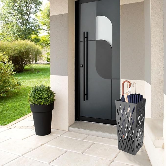 Umbrella Organizer, Multifunctional Umbrella Holder, Hollow Pattern Design Square Shape Umbrella Stand Rack, Metal Umbrella Basket Holder Stand for Home Hotel (Black)