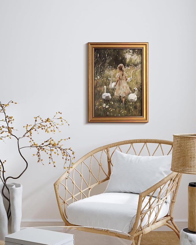 VIYYIEA Vintage Gold Framed Wall Art for Living Room, Gooses Girl Canvas Prints Home Decor, Oil Painting Picture, Bedroom Wall Decor Gifts for Friends or Family -【Graceful Companions】-(16L x 12W)
