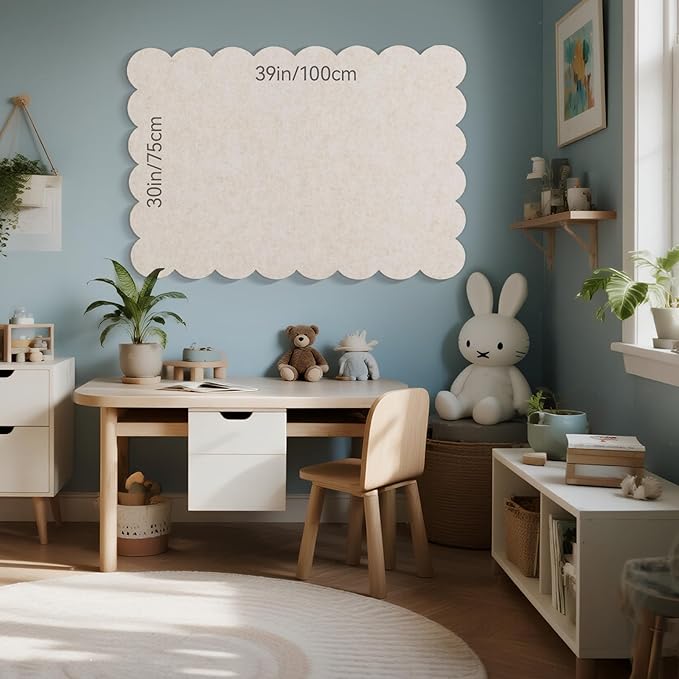 Lightomorrow Scalloped Bulletin Board, 40 x 30 Inches Felt Pin Board - Decorative Cork Alternative for Wall, Foldable Picture Self-Adhesive Vision Prayer Board with 20 Pushpins - Oatmeal