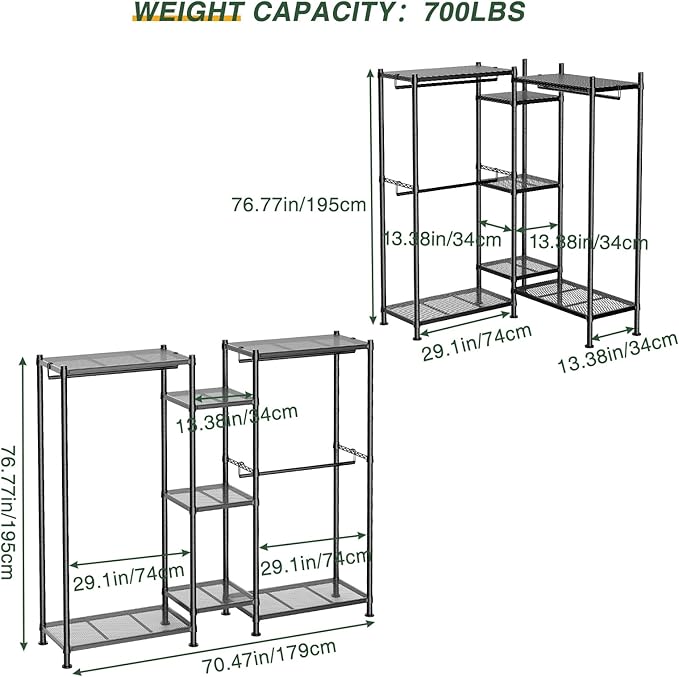 LEHOM G6M Heavy Duty Clothes Rack for Hanging Clothes, Portable Garment Rack Compact Size Closet Organizer, Freestanding Metal Clothing Rack Wardrobe Closet with Storage Shelves for Bedroom(Medium)