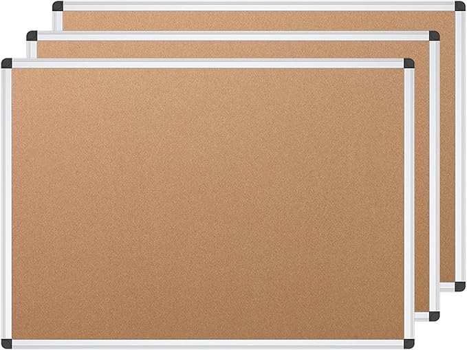 VIZ-PRO Cork Notice Board, 48 X 24 Inches, 3 Pack, Silver Aluminium Frame