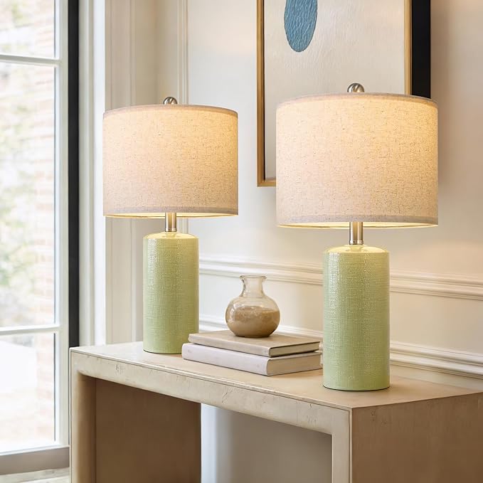 G-SAFAVA 20.5" Small Table Lamps for Living Room Lamp Set of 2 Ceramic Lamps for Bedroom Bedside Lamps Modern Boho Lamps for Night Stands Farmhouse Nightstand Lamp Side End Table Lamp, Light Green