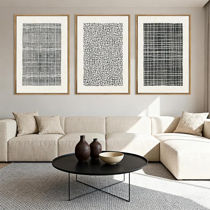 BINCUE Abstract Line Wall Art Set of 3 Modern Neutral Black Wall Decor Geometric Minimalist Artwork Framed Black Wall Pictures Abstract Black Wall Art Neutral Minimalist Artprints for Living Room Bedroom Office Bathroom 24"x36" Gift
