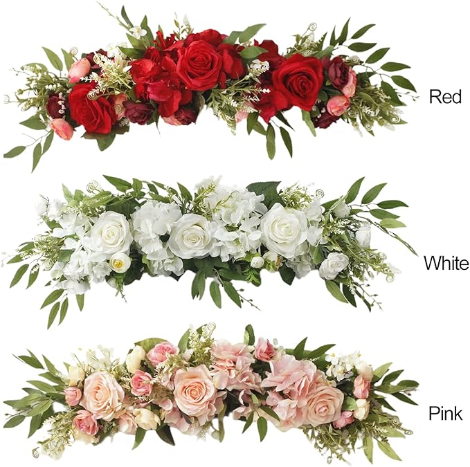 Wnvivi Artificial Flower Swag, 25.6 Inch Silk Rose Hydrangea Swag Arch Garland Front Door Decorative Floral Swags Lintel Floral Decoration for Wedding Ceremony Table Centerpiece (Red)